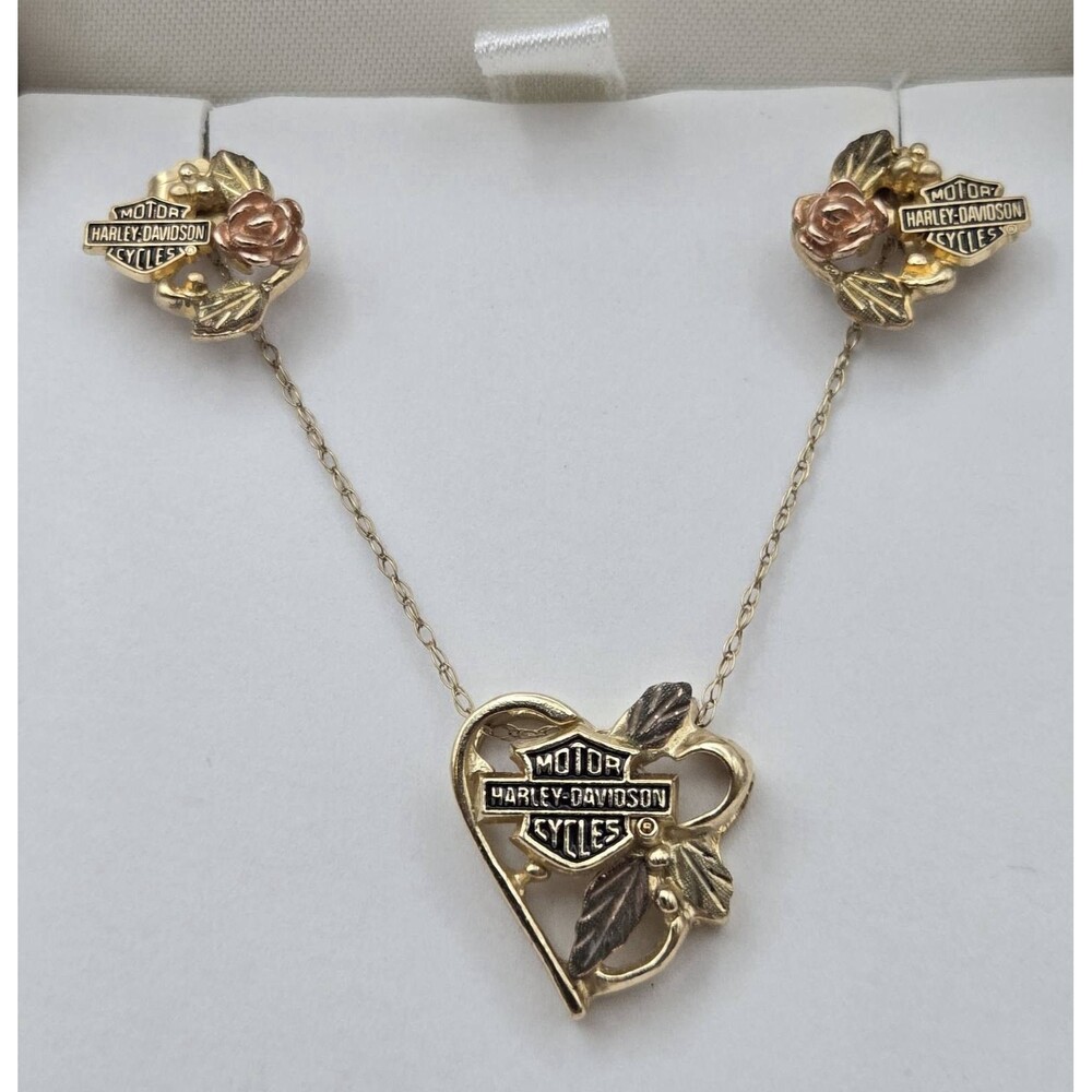 Vintage Harley Davidson Stamper 10K Black Hills Gold Necklace Earrings Set 4.92g